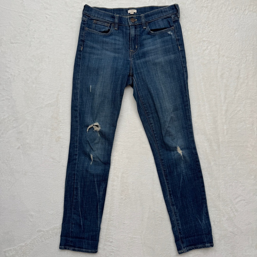 J.Crew Jeans Womens 28 Blue Stretch Skinny Distressed Dark Wash Mid Rise